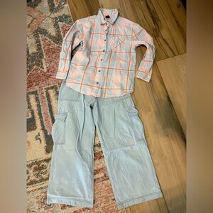 Plaid button up with cargo wide leg pants.